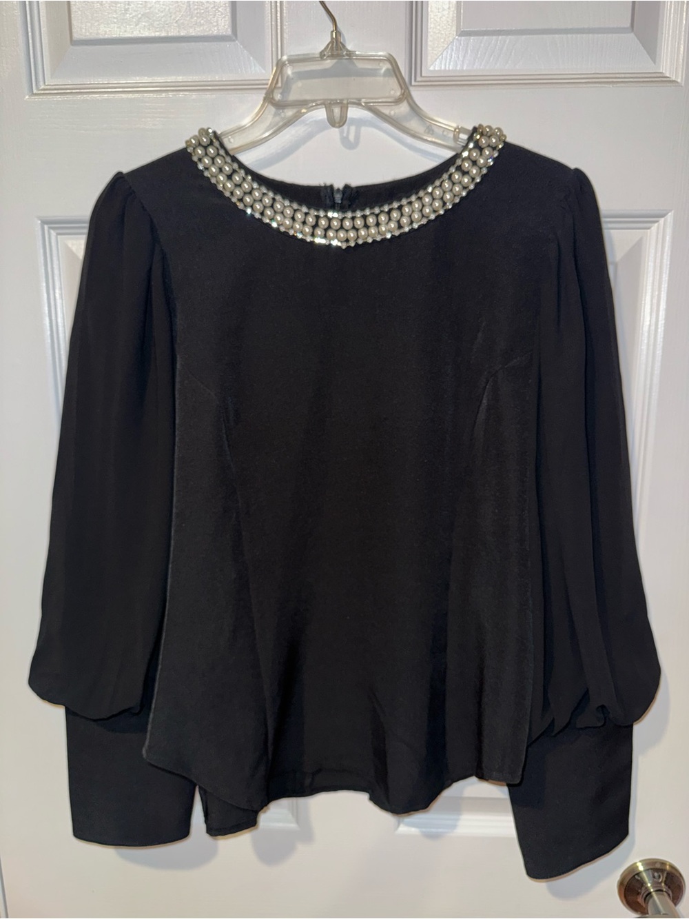 Black Pearl-Embellished Long-Sleeve Women's Top